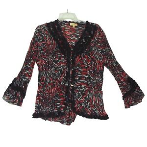 Choices Women‎ Red Black Abstract Pleated Ruffle Sequin Button Front Blouse XL